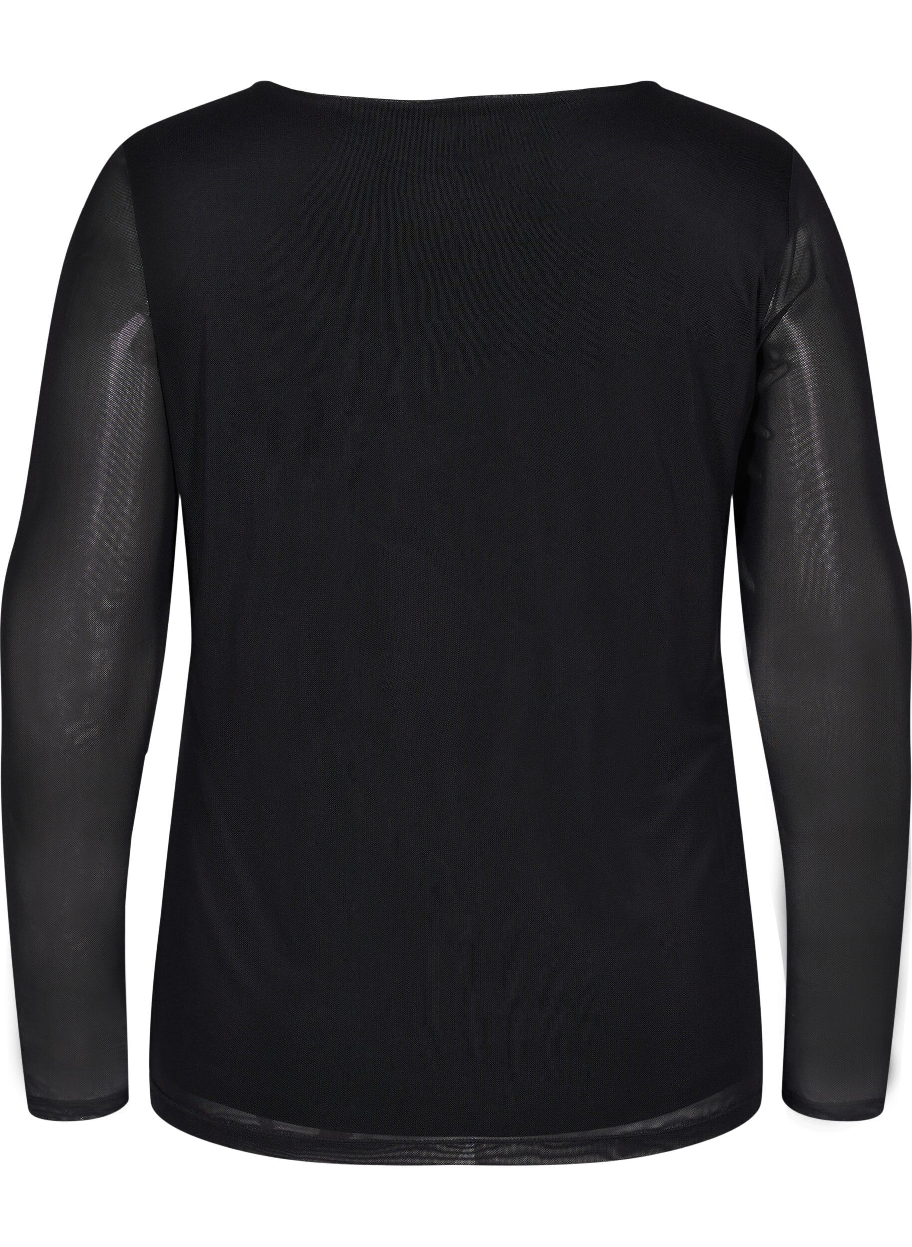 ZizziNauwsluitende mesh top met v-hals, Black, Packshot image number 1