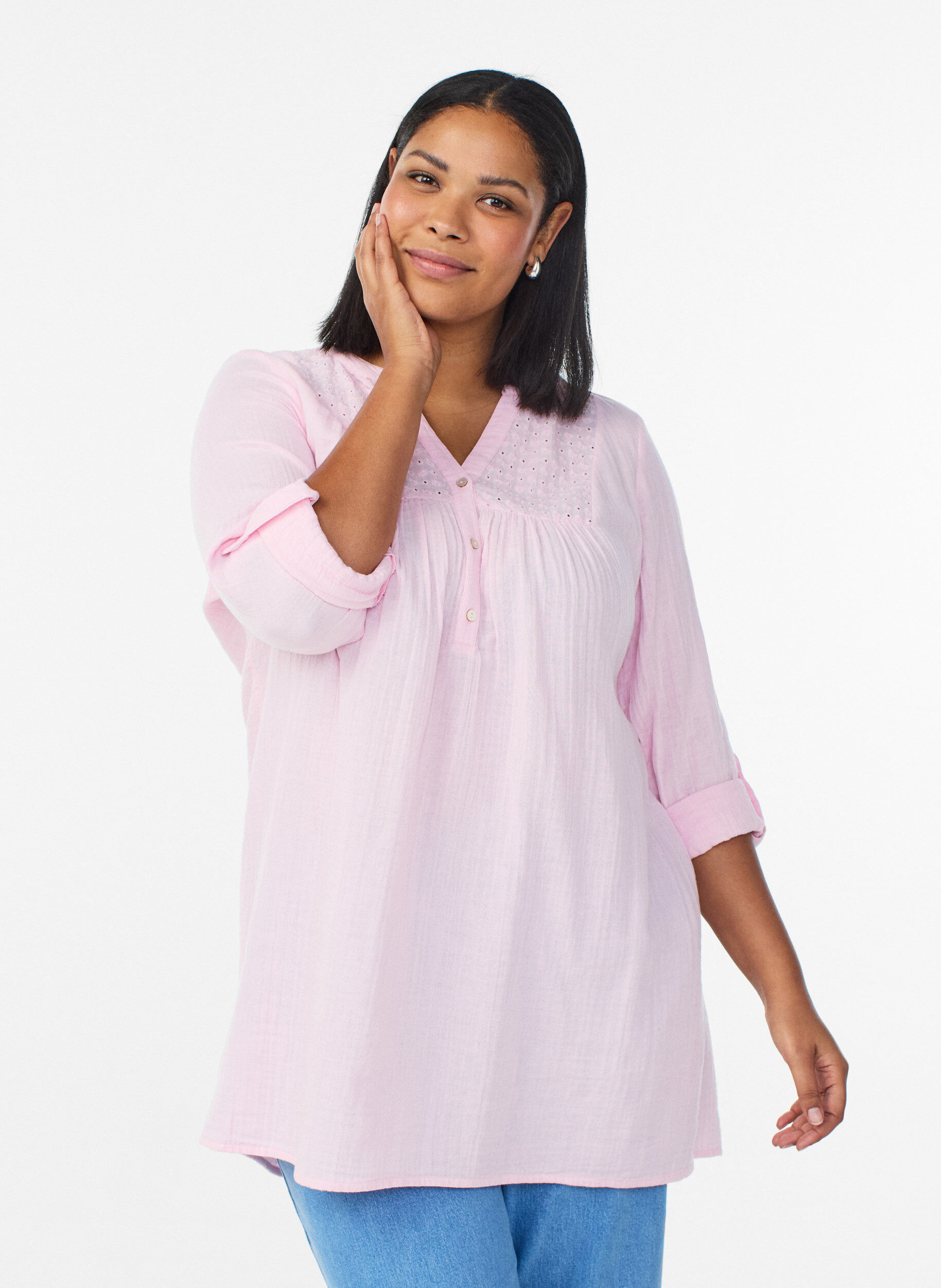 ZizziKatoenen mousseline tuniek met broderie anglaise, Roze, Model image number 0
