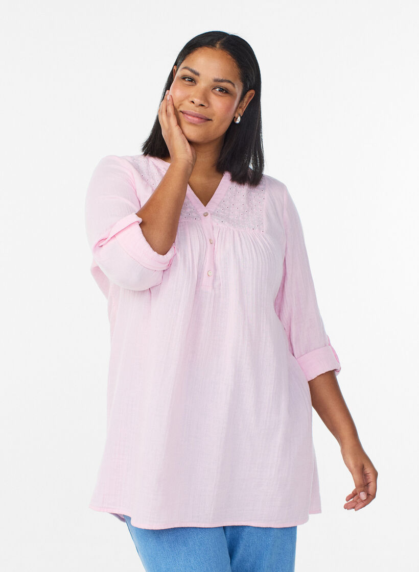 Katoenen mousseline tuniek met broderie anglaise, Roze, Model image number 0