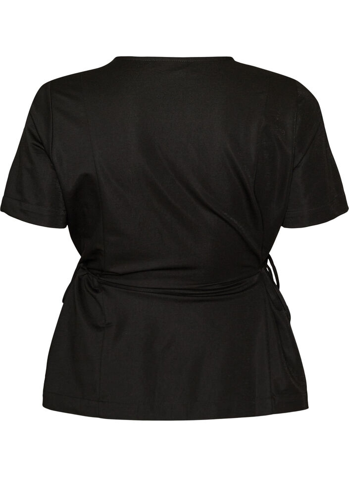 Blouse en m&eacute;lange de coton avec un col en V et un lien &agrave; nouer, Noir, Packshot image number 1