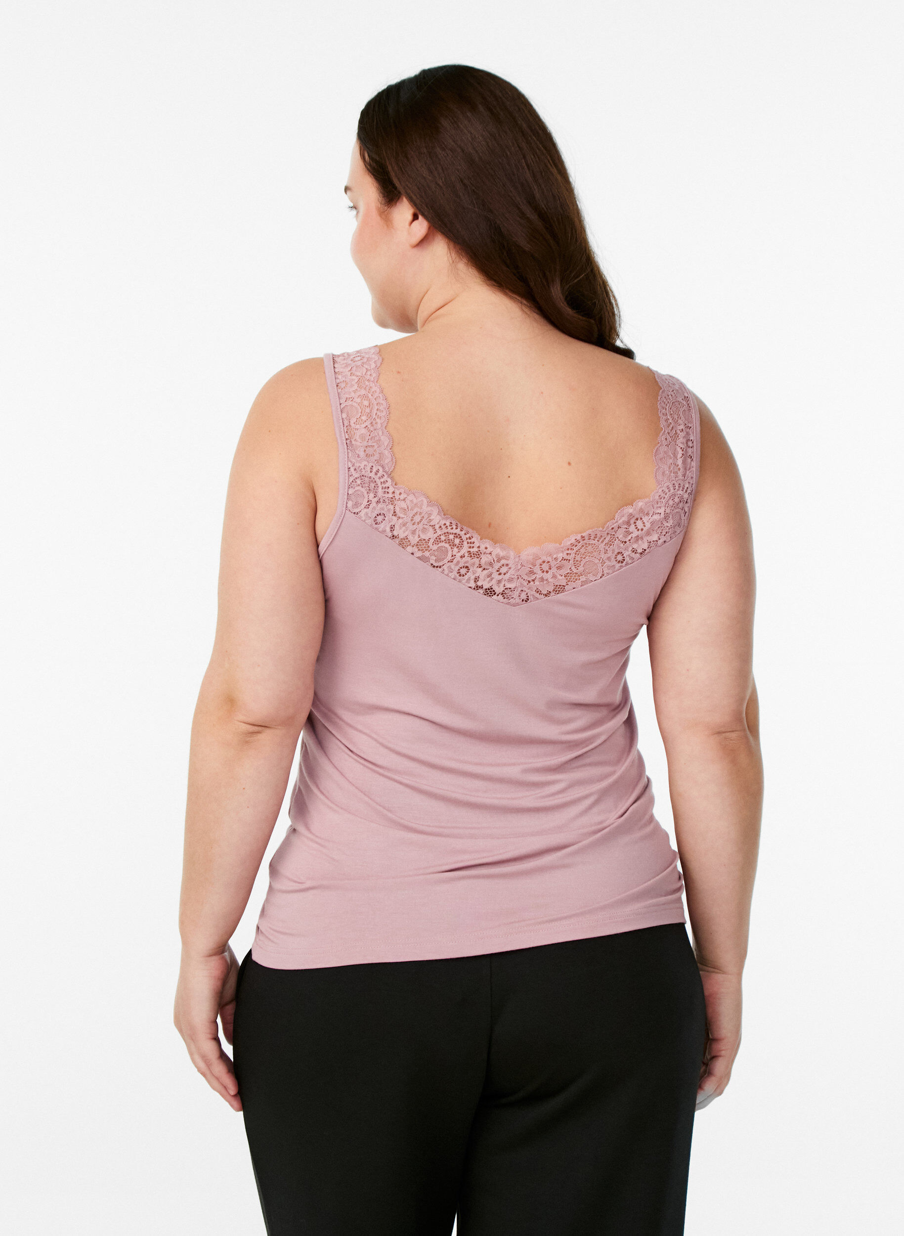 ZizziViscose top met kanten afwerking, Roze, Model image number 2