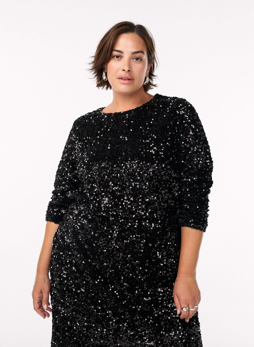 Blouse à sequins à manches longues, Noir, Model image number 0