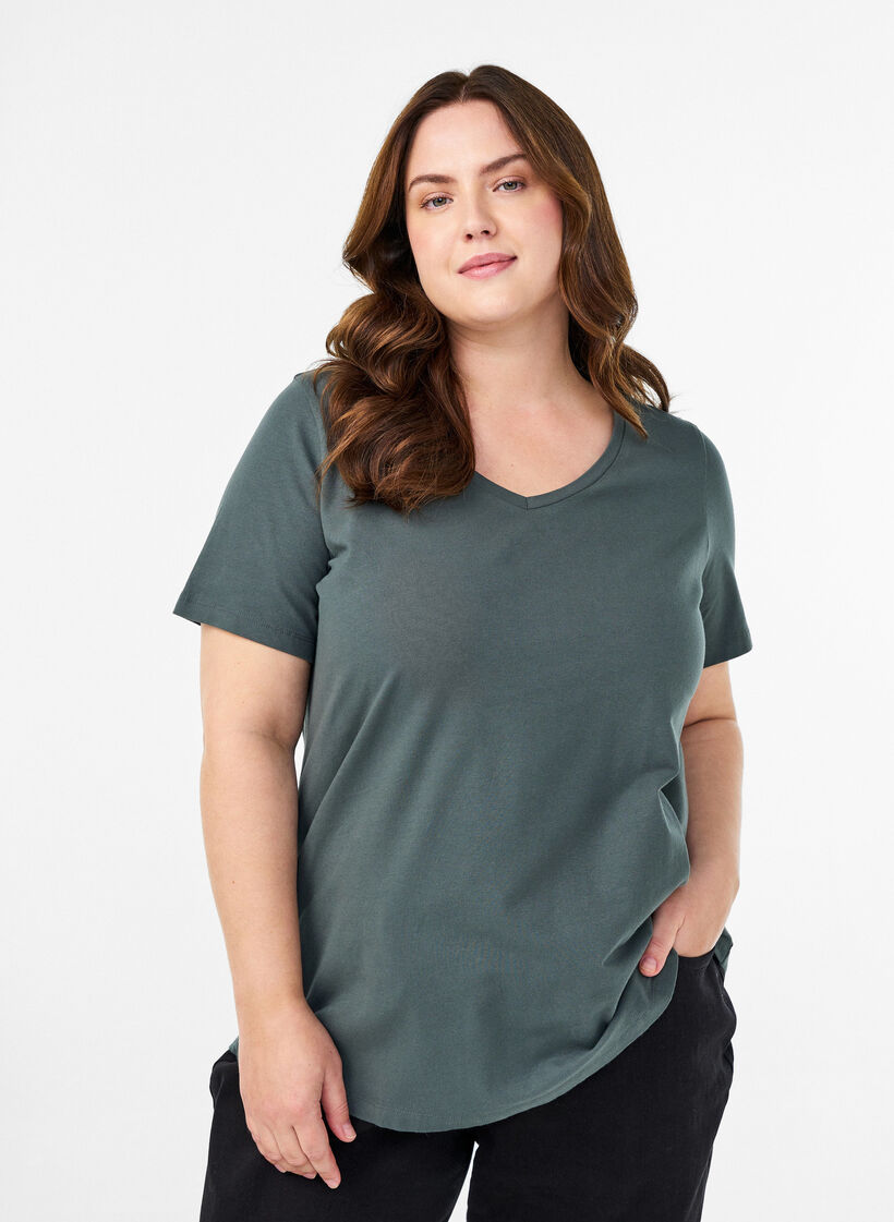 T-shirt en coton uni basique, Vert fonc&eacute;, Model image number 0
