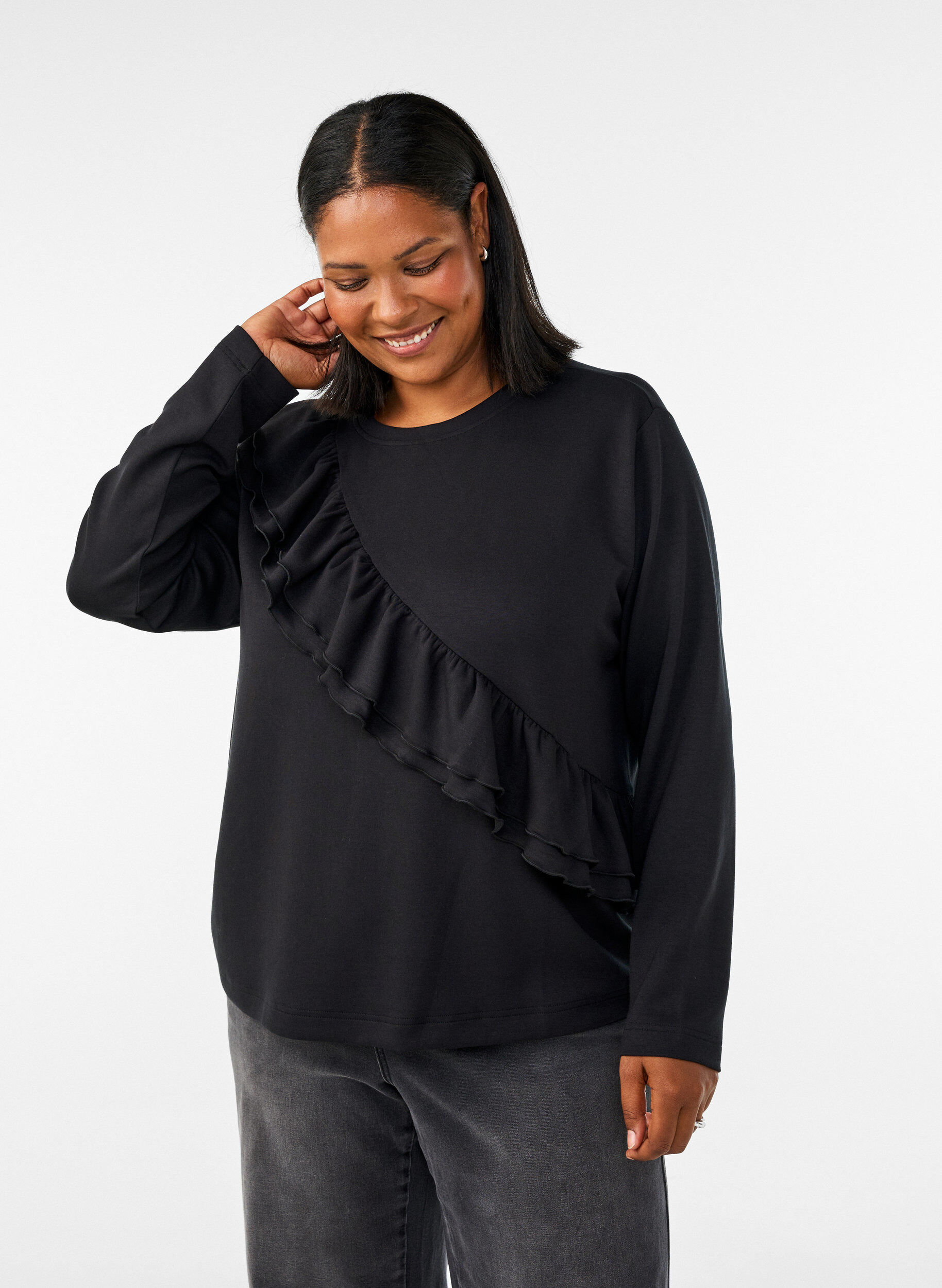 ZizziJersey blouse met een diagonale ruchesdetail, Zwart, Model image number 0