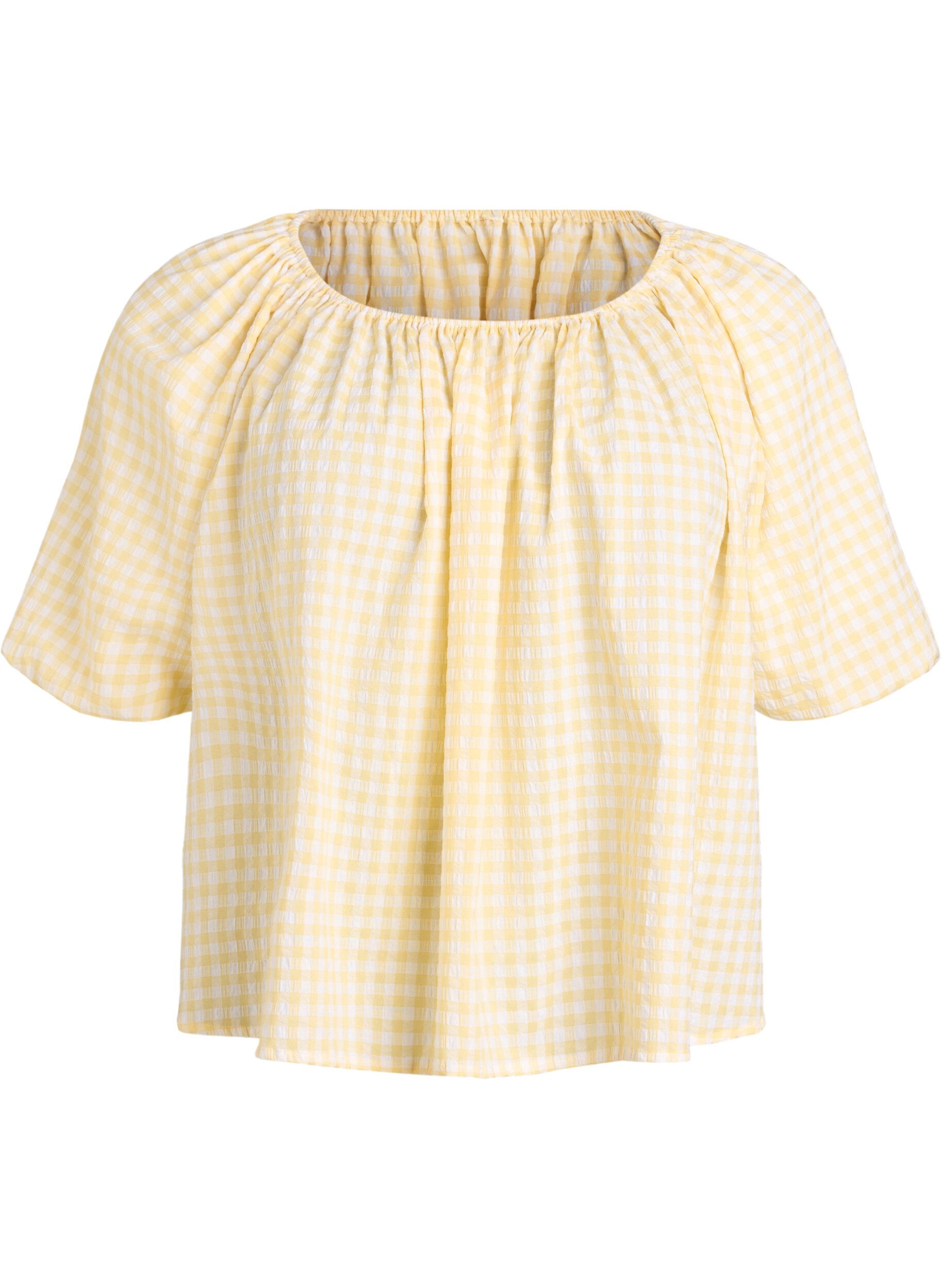 Blouse &agrave; petits carreaux avec une encolure &eacute;lastiqu&eacute;e et des manches coude