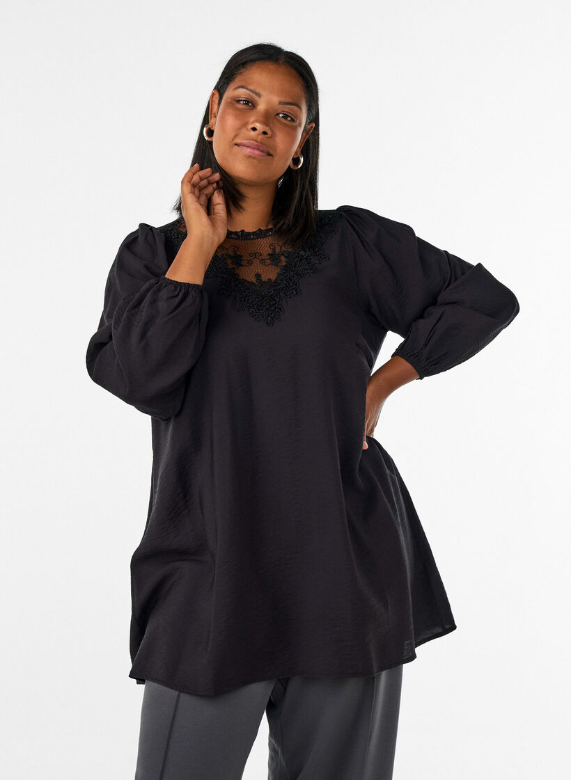 Viscose tuniek met kanten detail, Zwart, Model image number 0