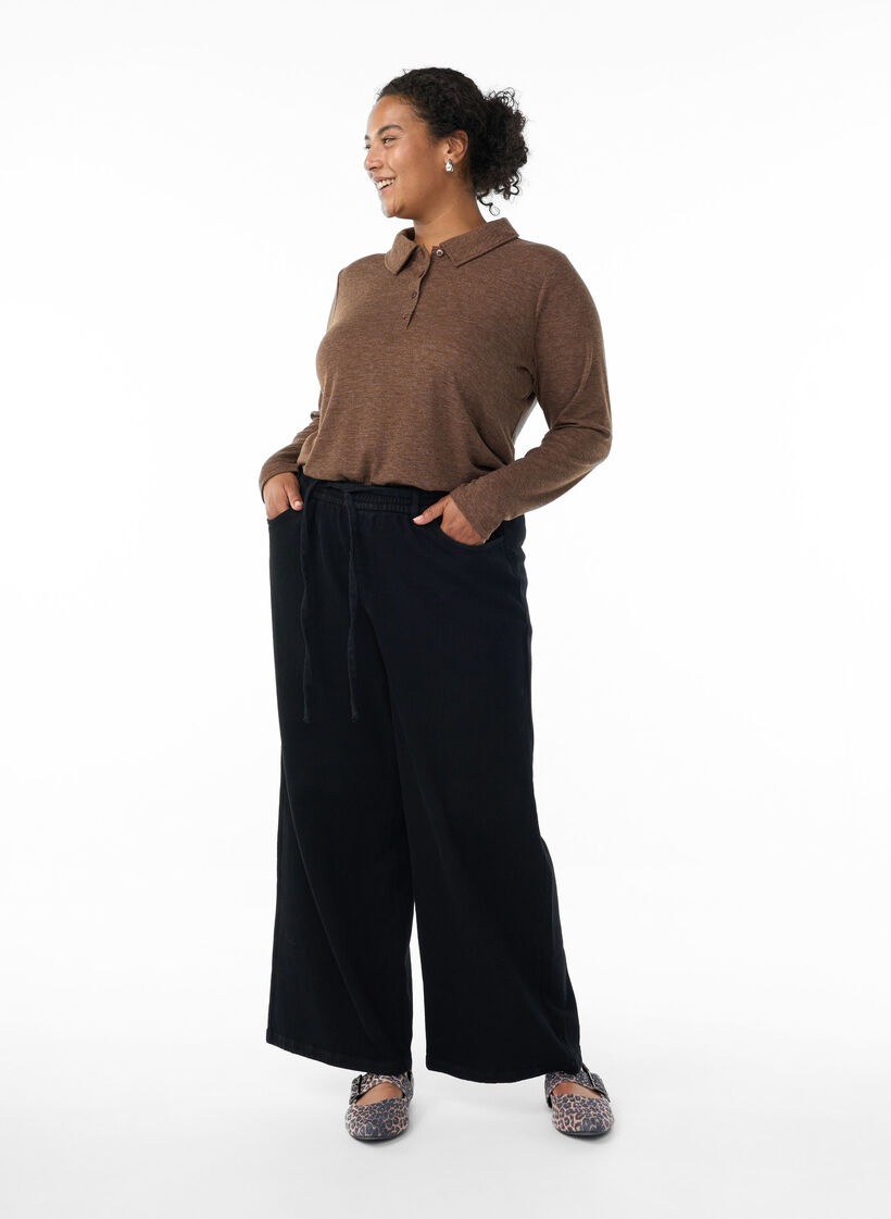 Polo à manches longues en maille côtelée extensible, Marron, Model image number 1