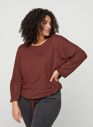 Gemêleerde blouse met verstelbare onderkant, Brown Melange , Model image number 0
