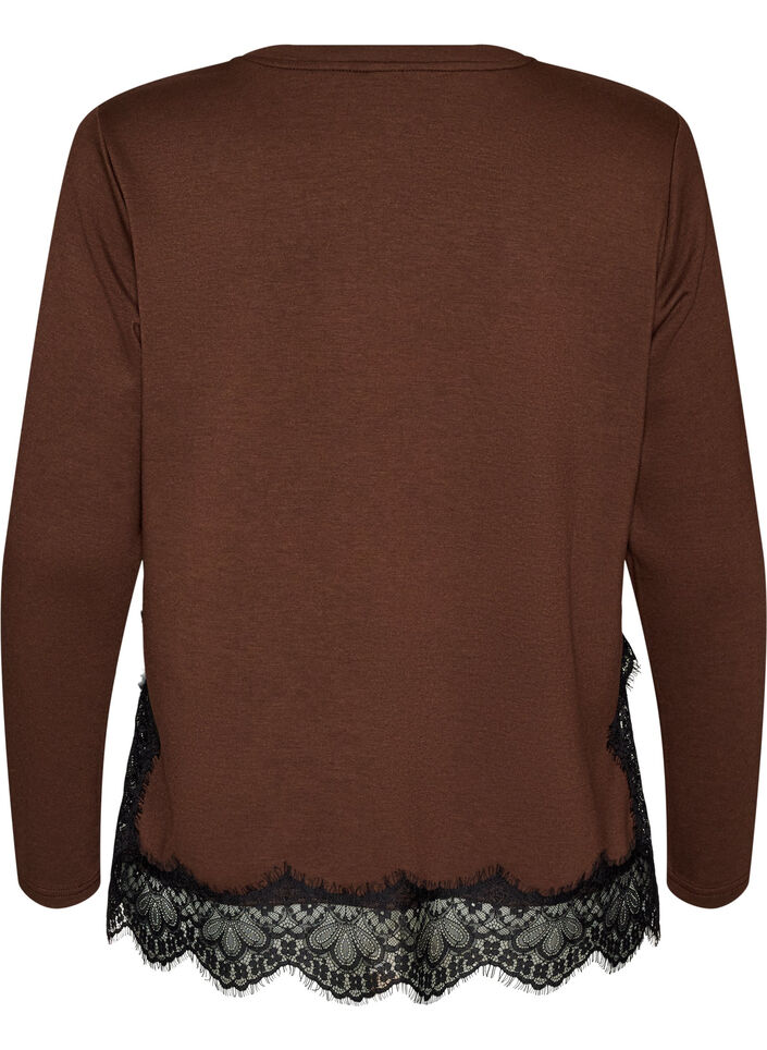 Jersey blouse met kanten rand, Bruin, Packshot image number 1