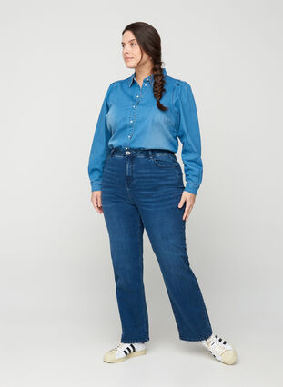 Jeans met extra hoge taille, Blue denim, Model image number 2