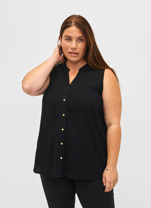 Mouwloze viscose blouse met gehaakt detail, Black, Model image number 0