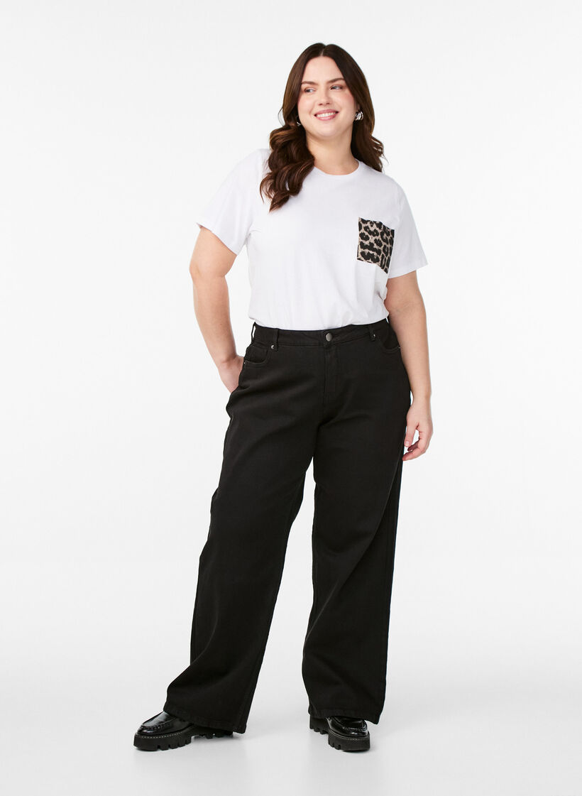 Jeans met wijde pijpen en hoge taille, Zwart, Model image number 0