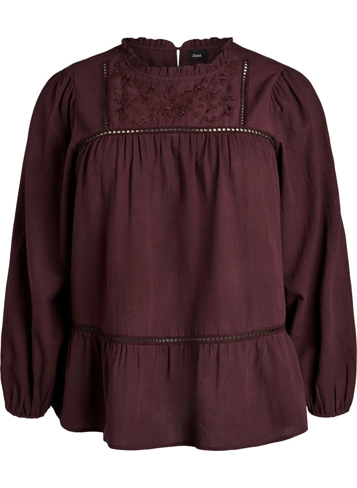 Blouse avec broderie et bordure broderie ajour&eacute;e, Bordeaux fonc&eacute;, Packshot image number 0