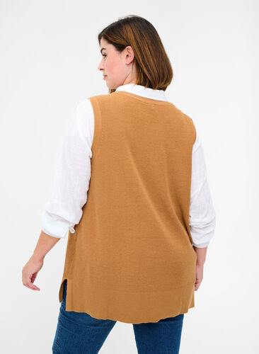 Gilet tricoté simple avec col rond, Tobacco Brown, Model image number 1