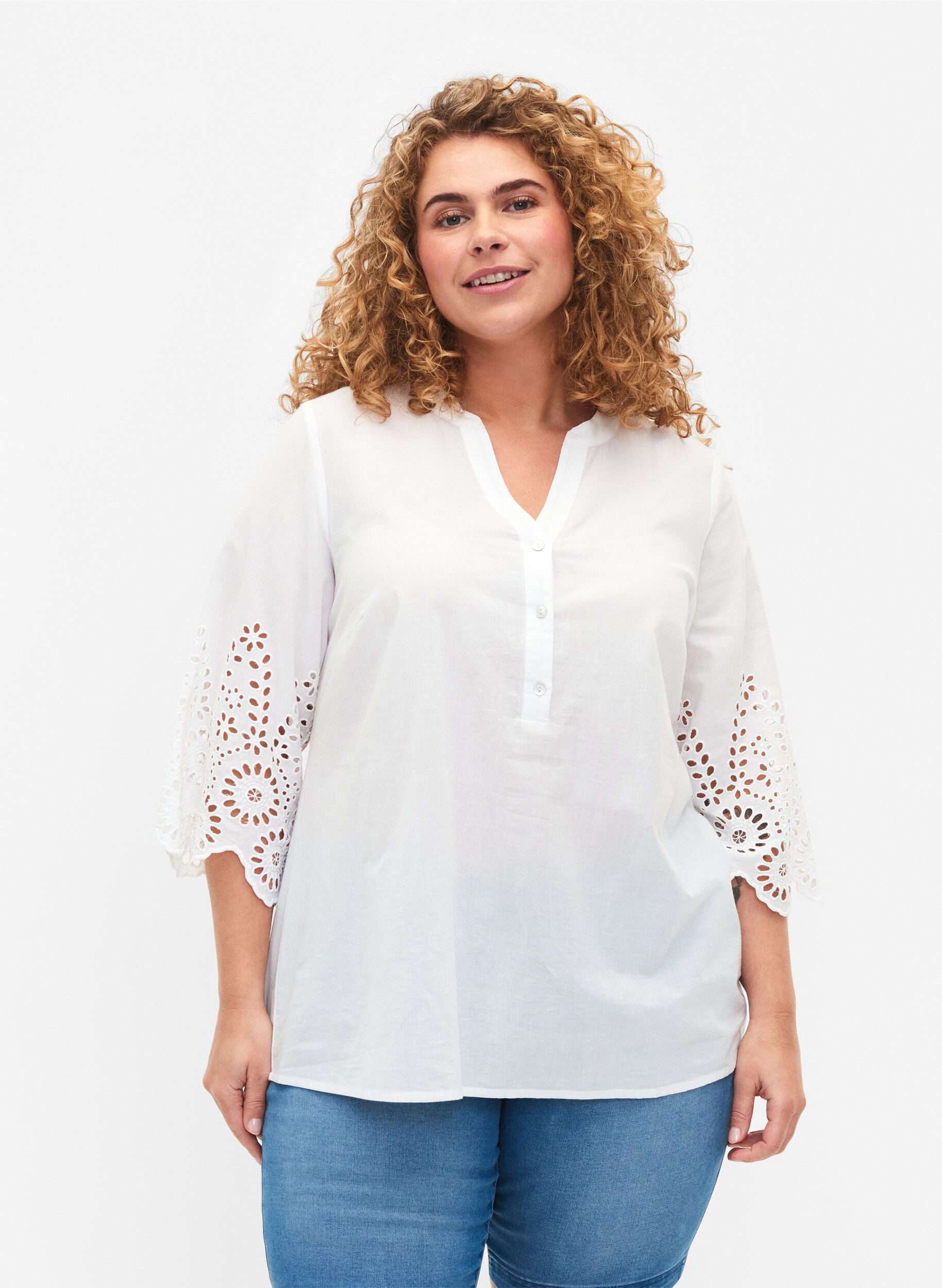 ZizziOverhemdblouse met broderie anglaise en 3/4 mouwen, Bright White, Model image number 0