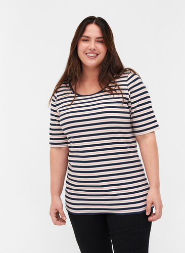 Gestreept geribbeld t-shirt in katoen, Blue Rose Stripe, Model image number 0