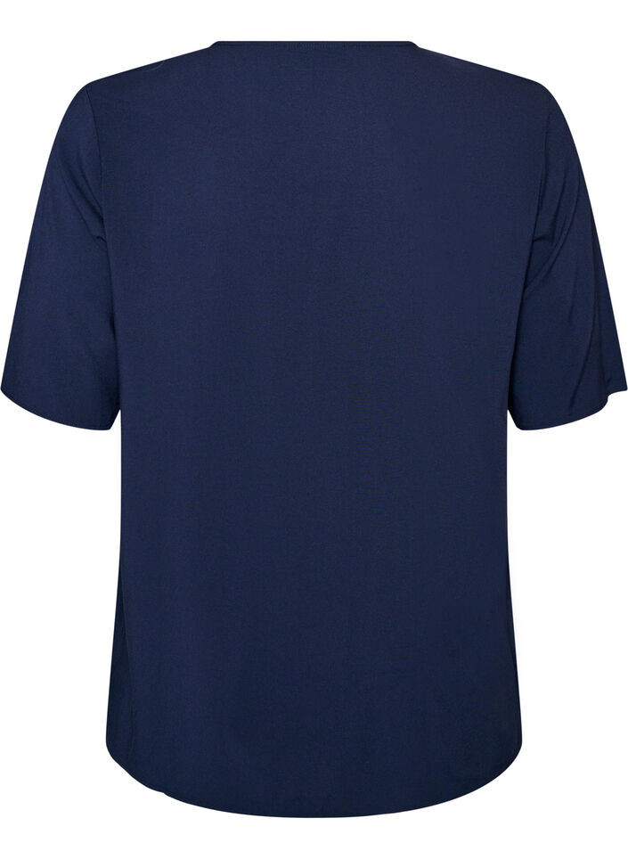 Geweven blouse met korte mouwen en ronde hals, Blauw, Packshot image number 1