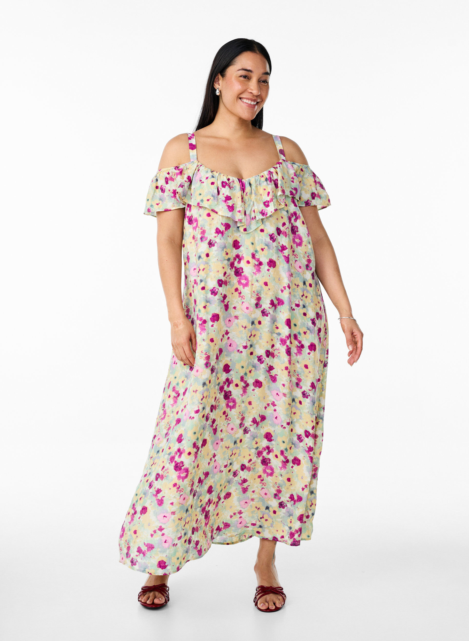 Zizzi Robe midi florale avec volants et &eacute;paules d&eacute;nud&eacute;es, Vanille, Model image number 1