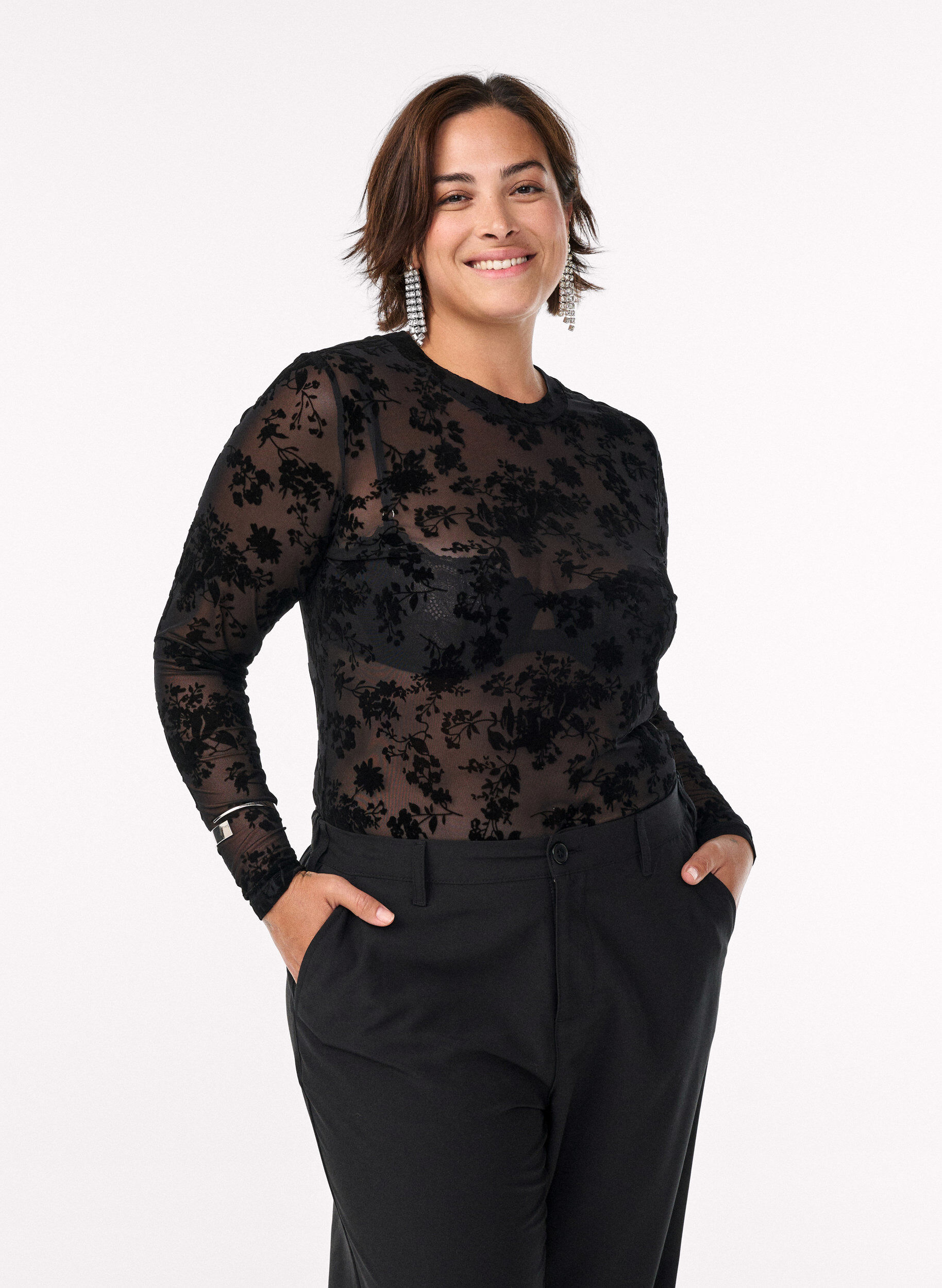 ZizziMesh blouse met bloemenpatroon, Zwart, Model image number 0