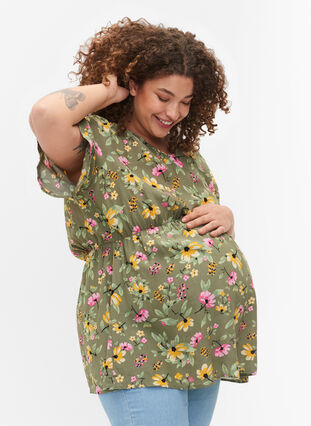 Blouse de maternité à fleurs en viscose, Green Flower Print, Model image number 0