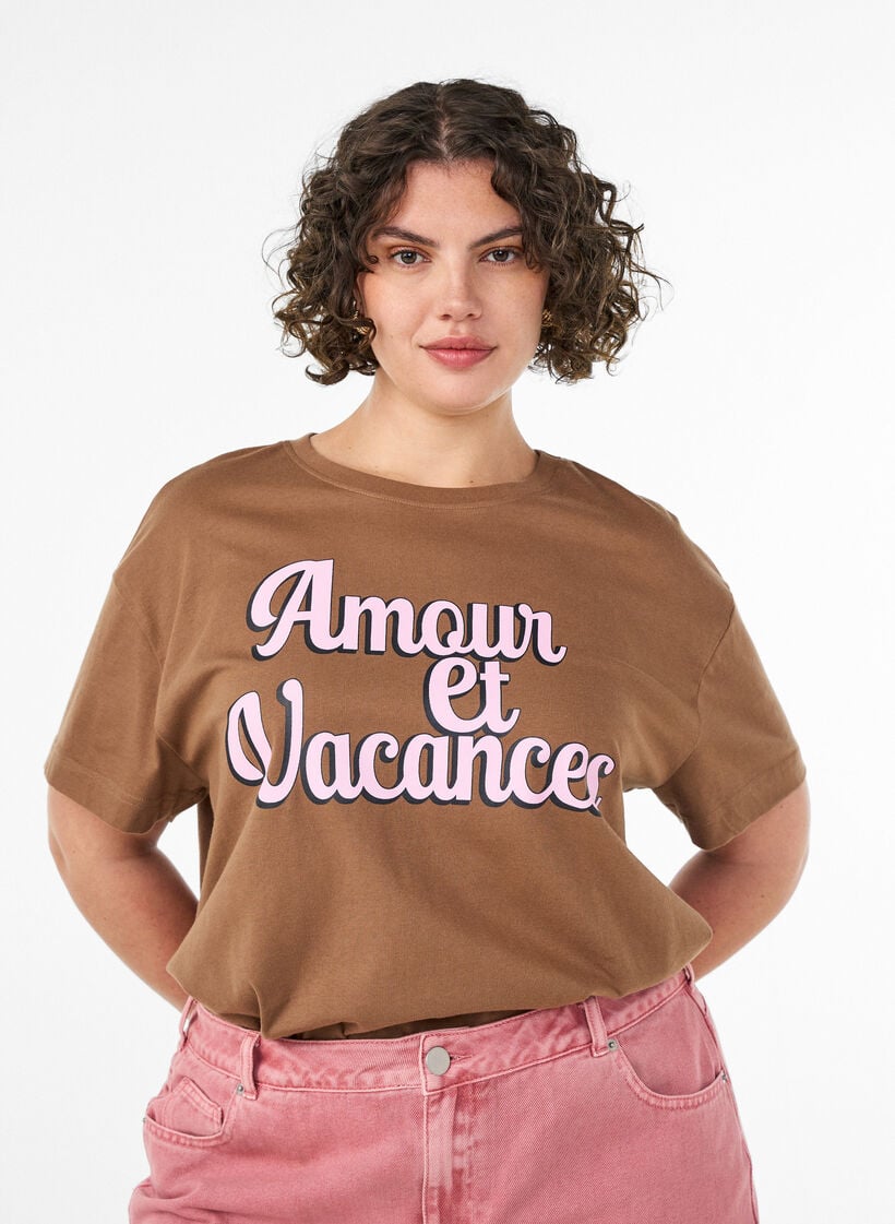 100% katoenen T-shirt met korte mouwen en print, Bruin, Model image number 0