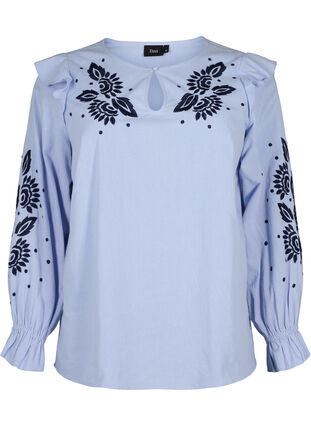 Katoenen blouse met borduursel en ruches, Ch. Blue w. Navy, Packshot image number 0