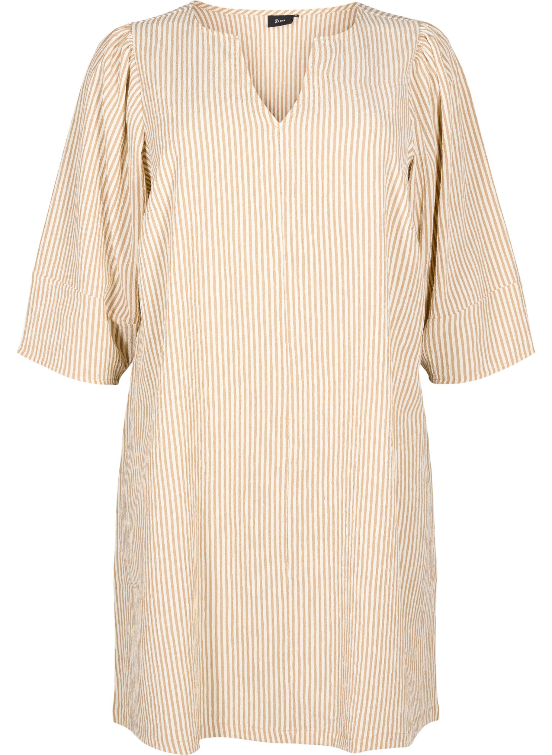 Zizzi Robe ray&eacute;e &agrave; manches 3/4, Camel Stripe, Packshot image number 0
