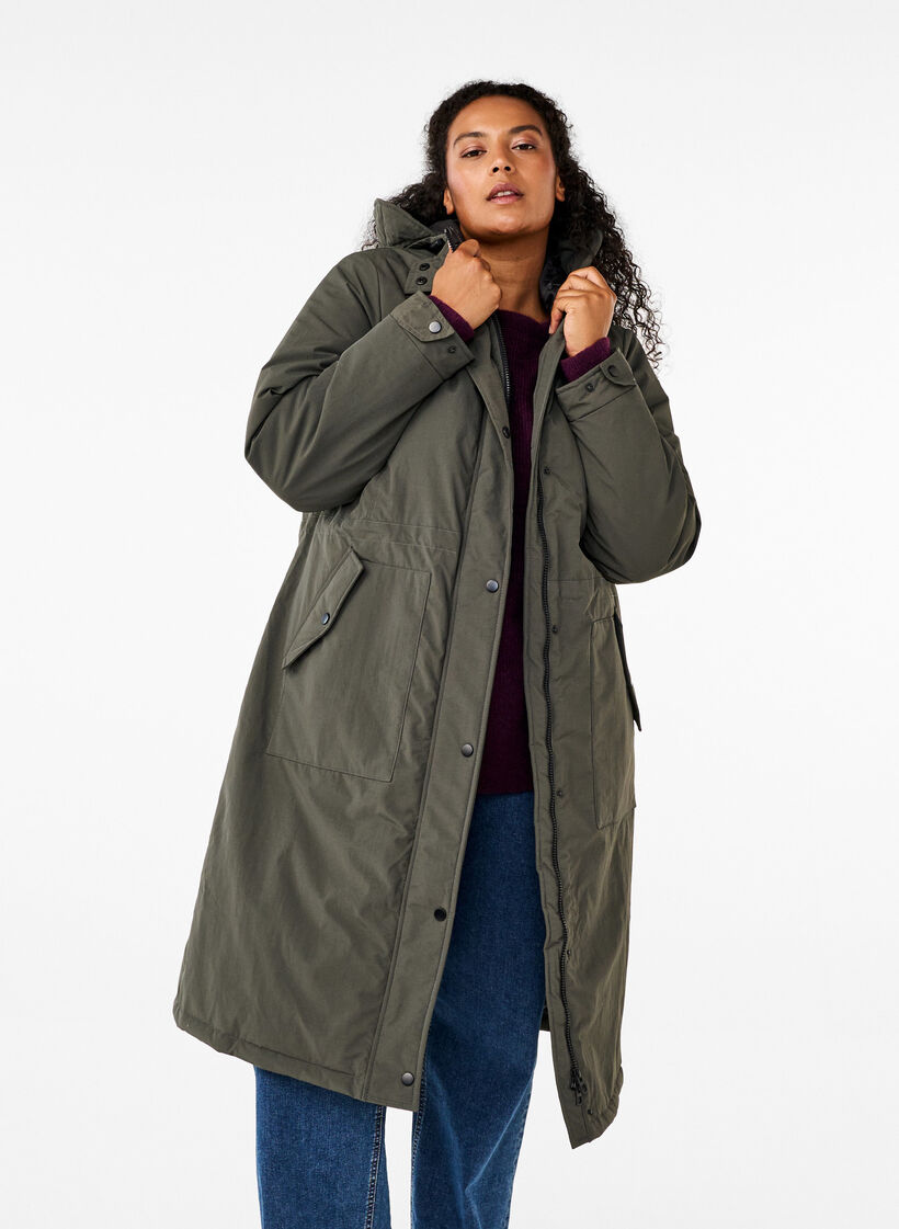 Parka jas met kap en verstelbare taille, Black Olive, Model image number 0