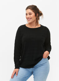 Blouse tricotée avec des rayures ton sur ton, Black, Model