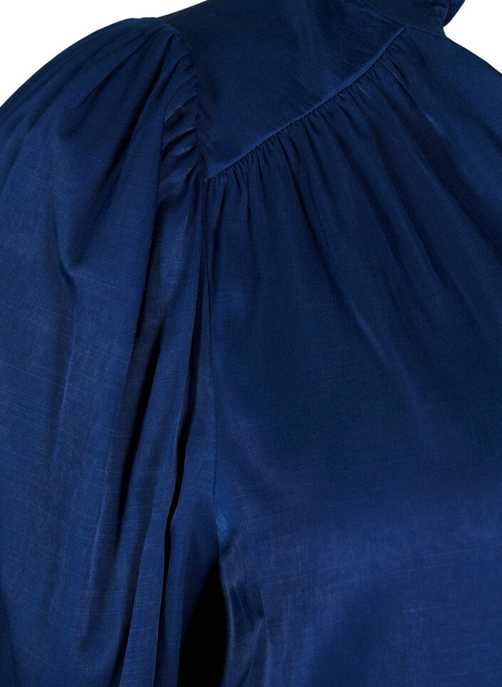 Blouse met lange mouwen, ruches en V-hals, Estate Blue, Packshot image number 3