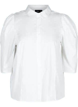 Katoenen blouse met 3/4 pofmouwen, Bright White, Packshot image number 0