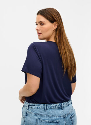 T-shirt manches courtes en viscose avec détails en dentelle, Navy Blazer, Model image number 1