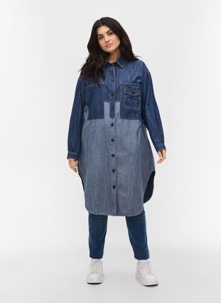 Veste chemise longue en jean, Blue denim, Model image number 2