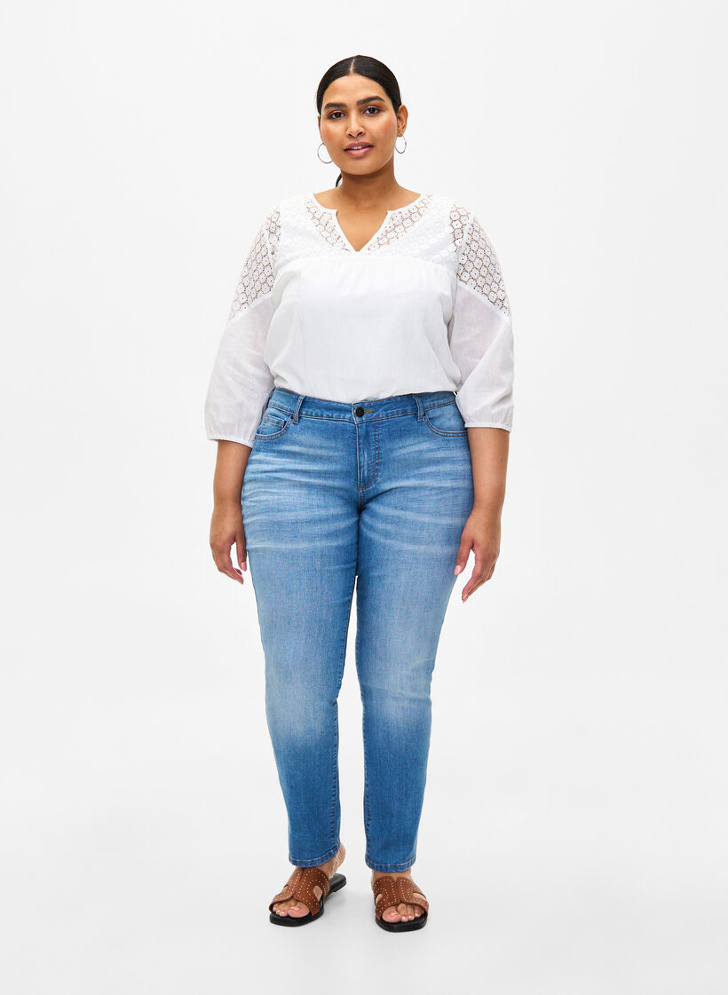 Blouse van katoenmix met linnen en gehaakt detail, Bright White, Model image number 2