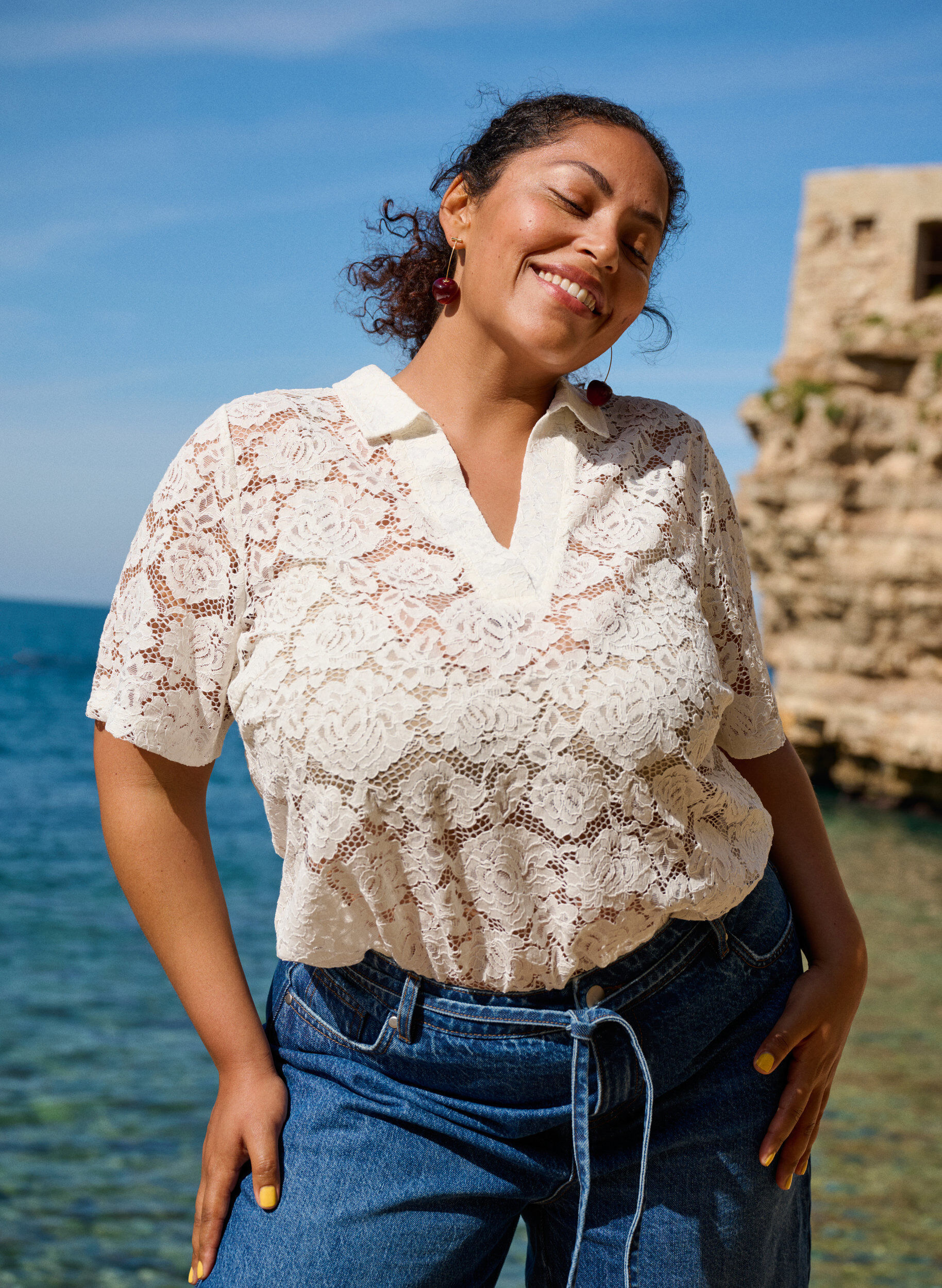 ZizziKanten blouse met een kraag en V-hals, Vanille, Image image number 0