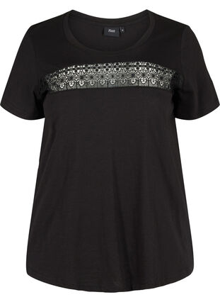 T-shirt en coton avec dentelle, Black, Packshot image number 0