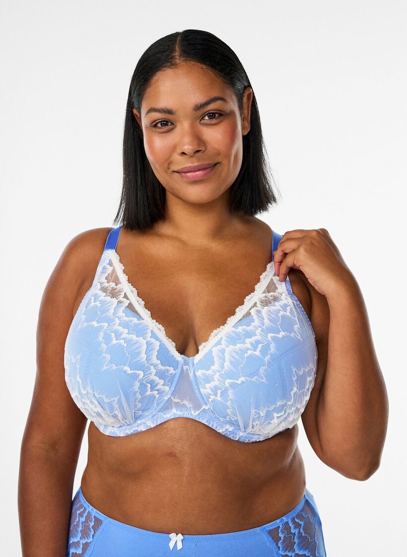 Soutien-gorge rembourr&eacute; avec dentelle et maille, Bleu, Model image number 0