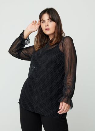 Licht transparante blouse met lurex, Black w. Silver, Model image number 0