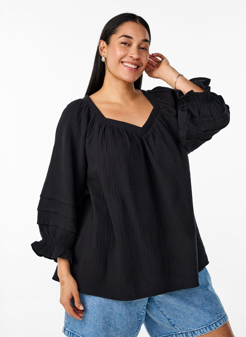 Katoenen mousseline blouse met 3/4 mouwen, Black, Model image number 0