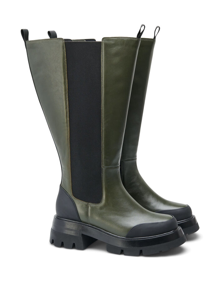 Bottes en cuir large avec un long tige et élastique, Deep Depths, Packshot image number 1
