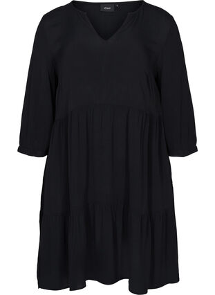 Viscose jurk met 3/4 mouwen en a-lijn, Black, Packshot image number 0
