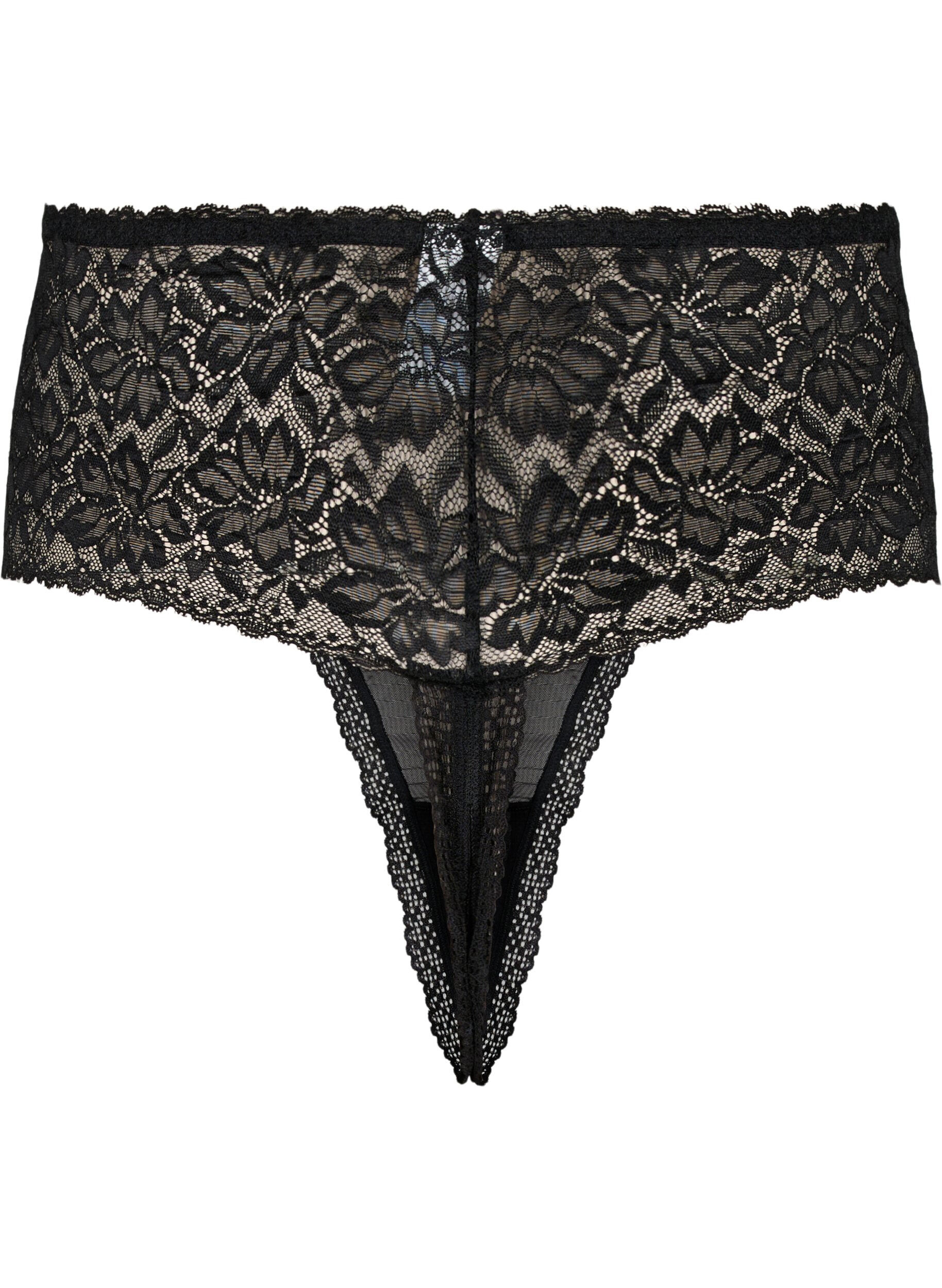 ZizziKanten kruisloze string met normale taille, Black, Packshot image number 1