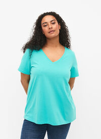 T-shirt à manches courtes avec col en V, Turquoise, Model