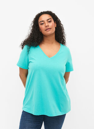 T-shirt met korte mouwen en v-hals, Turquoise, Model image number 0