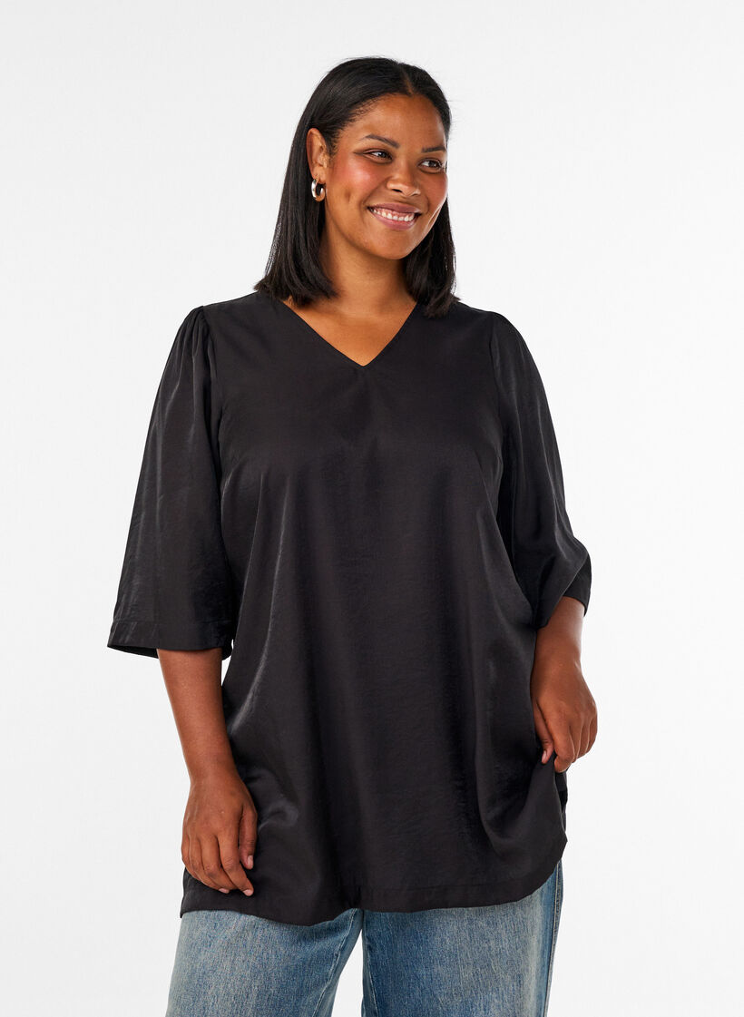 Glanzende tuniek met V-hals en 3/4 mouwen, Zwart, Model image number 0