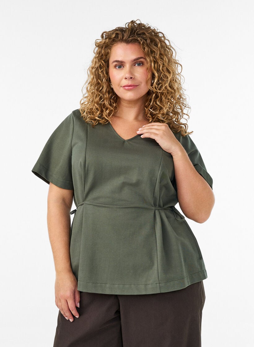 Blouse in een katoenmix met V-hals en striklint, Groen, Model image number 0