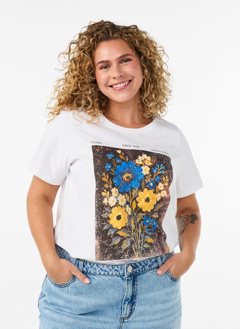 T-shirt en coton avec imprim&eacute; devant, Blanc, Model image number 0