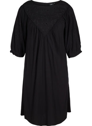 Viscose jurk met borduursel en korte mouwen, Black, Packshot image number 0