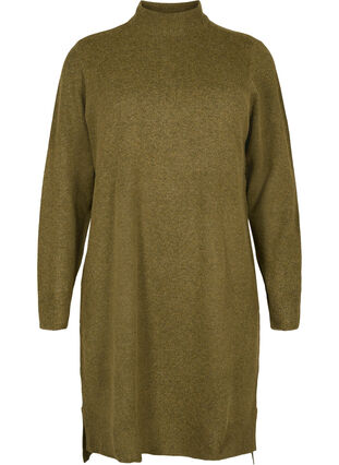 Robe en tricot à col montant avec fente, Fir Green Mel., Packshot image number 0