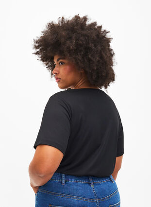 Geribde blouse met ketting detail, Black, Model image number 1